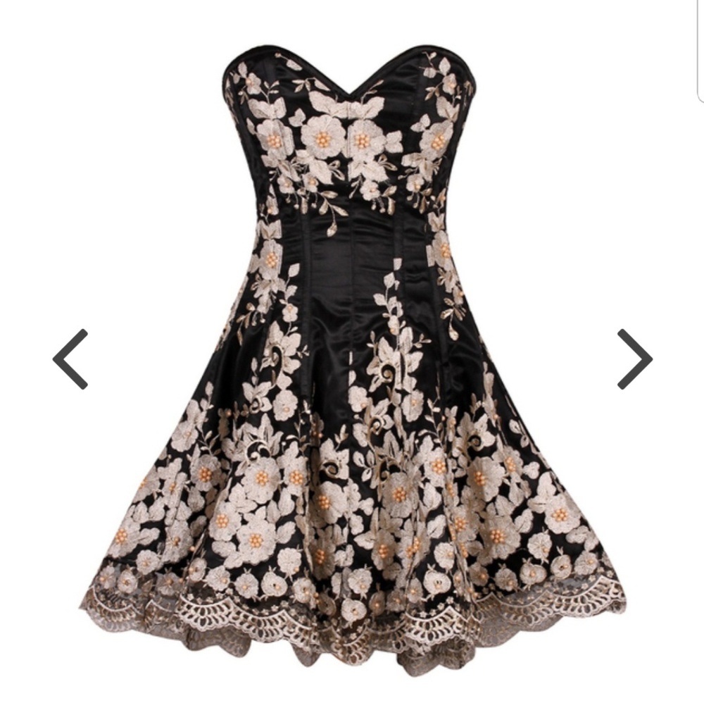 Black floral steel boned corset dress